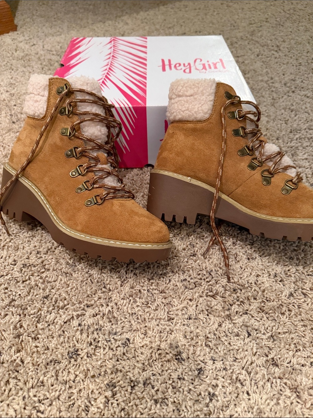 Corkys Tan Suede Lace-Up Shearling Collar Boots